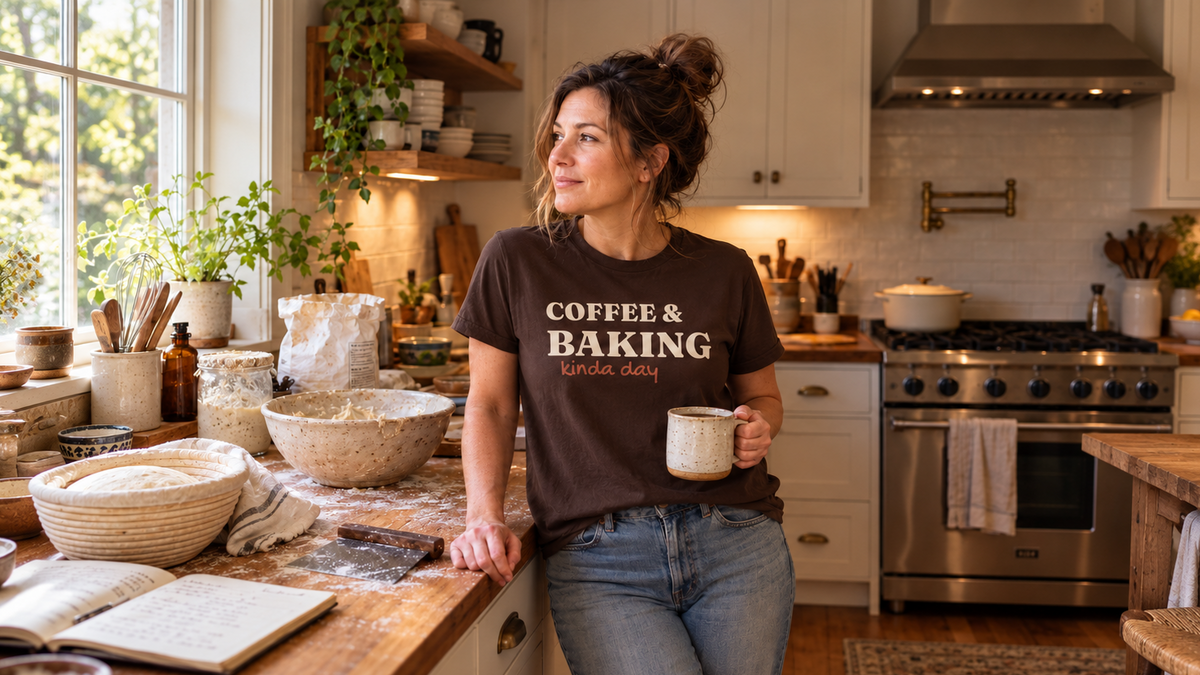 A woman stands in a bright, rustic kitchen wearing a dark brown graphic t-shirt that reads 'COFFEE & BAKING EST. 2021' in white text.