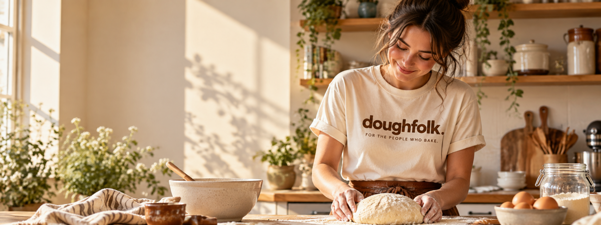 A woman in a warm, sunlit kitchen wearing a cream-colored t-shirt with the brand name 'doughfolk.' printed in brown across the chest.
